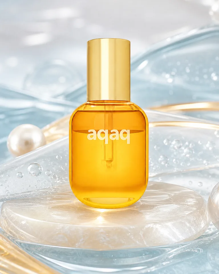 AQAQ金色精华油置于冰蓝水膜与珍珠白脂质层之间
